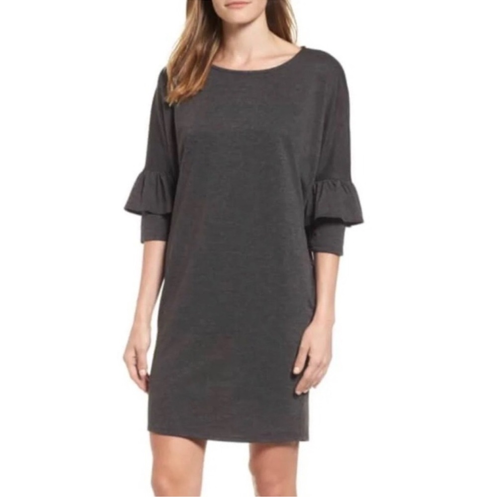BOBEAU Idalia Women’s French Terry Dress Ruffle Sleeve Knit Dress Dark Gray XS